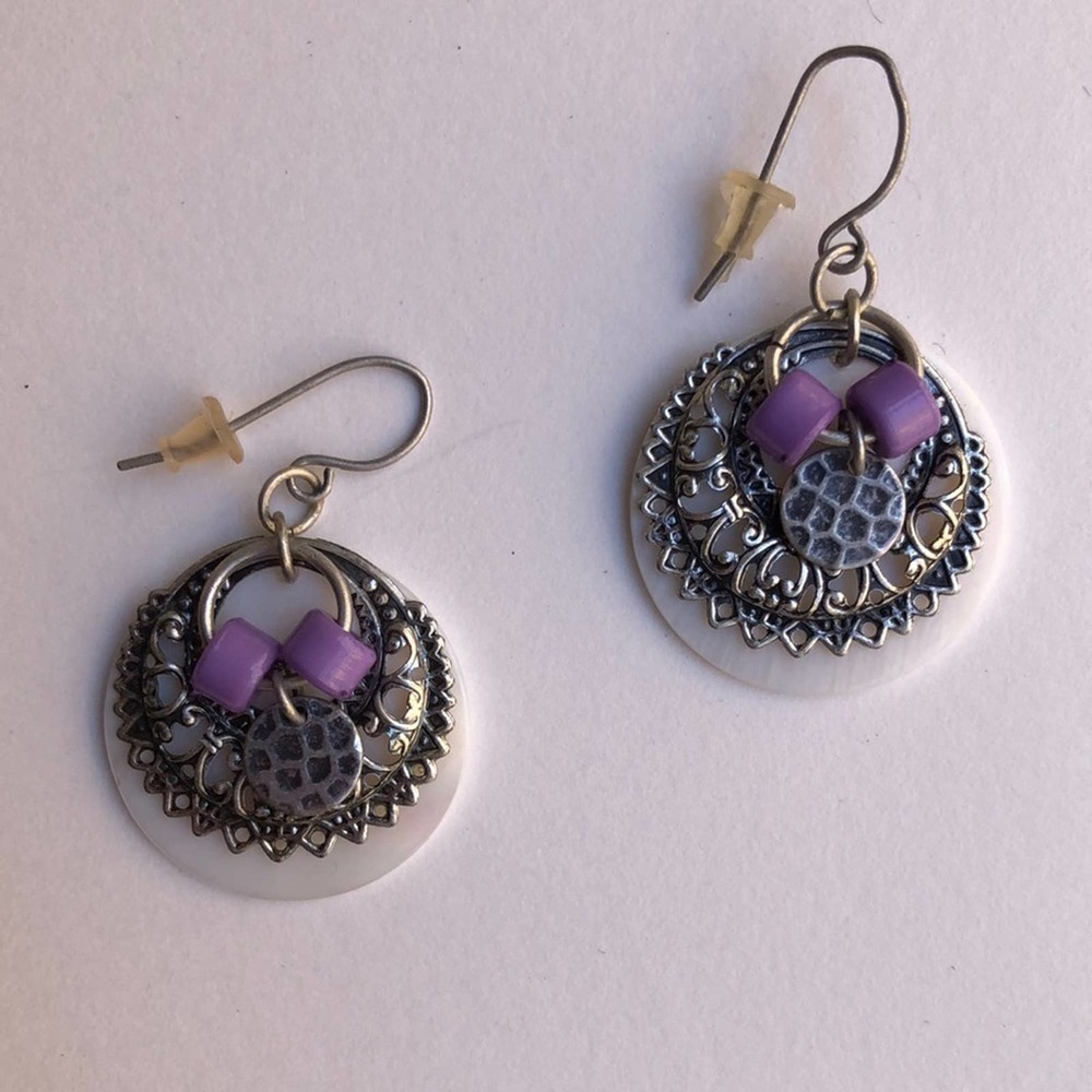 Purple Bead Silver Tone Alabaster Pearlecent Shell Fish Hook Earrings Whimsigoth